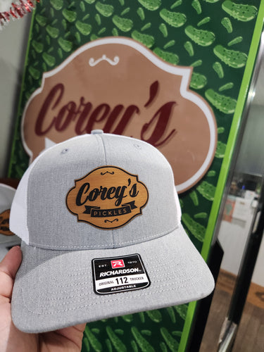 Corey's Pickles Leather Patch Richardson Trucker Hat- Gray